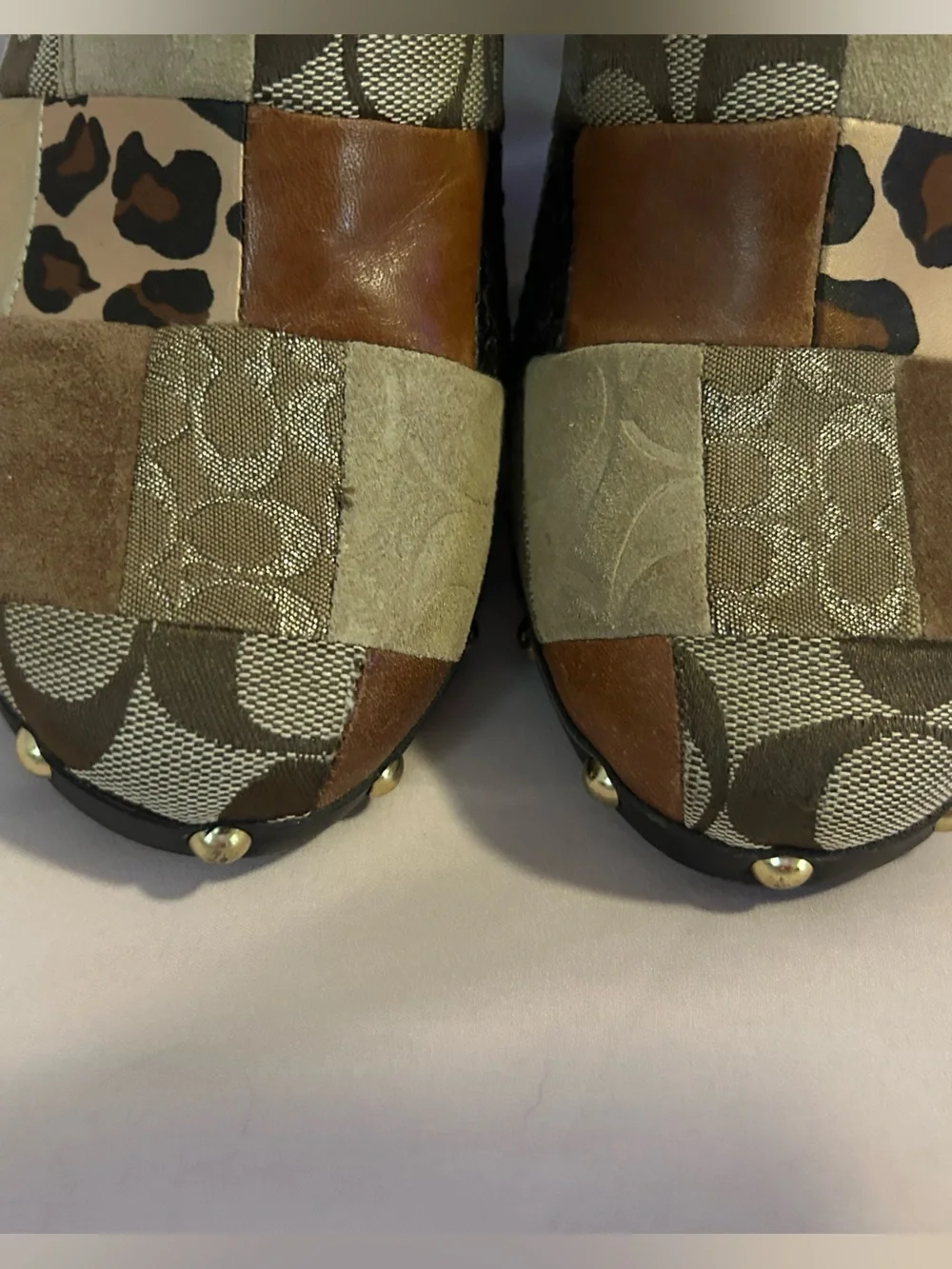 Coach Patchwork Patch Clog Mules in Brown and Tan Multi